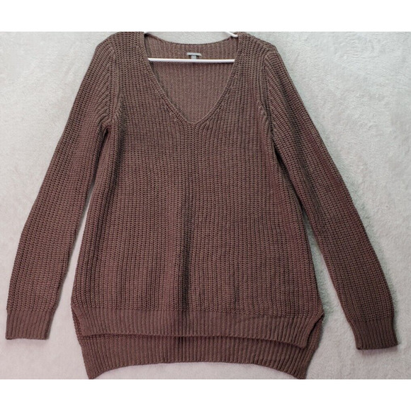 Charlotte Russe Sweater Womens Medium Brown Knit Acrylic Long Sleeve V Neck Slit - Picture 1 of 9